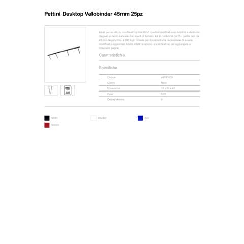 Pettini per rilegatura GBC VeloBind con 4 denti 45 mm a4 nero conf da 25 pettini - A9741635